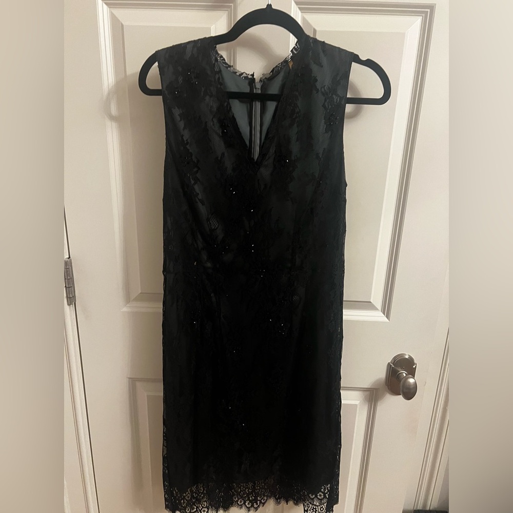 Elie Tahari Black Sheath Midi Dress V-neck Sleeveless